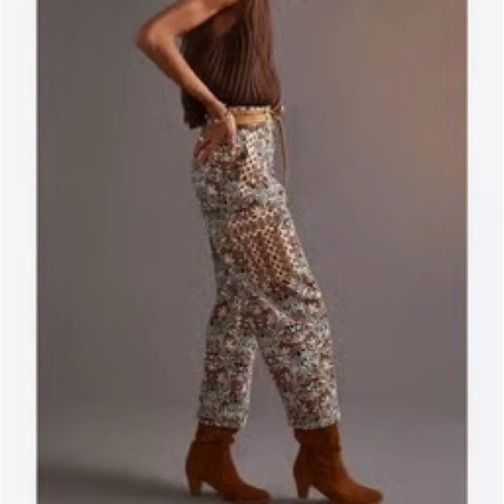 Anthropologie Corduroy Barrel Leg Pants, Blue & Brown Motif, Women’s 14